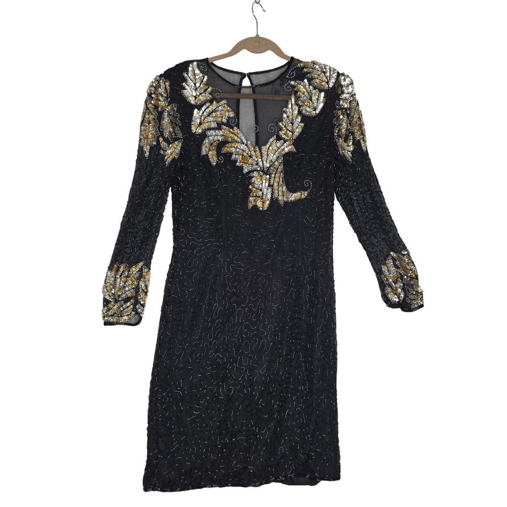 Albert Paul Vintage Silk Beaded Sequin Dress Black Gold Silver Leaf SzL Event